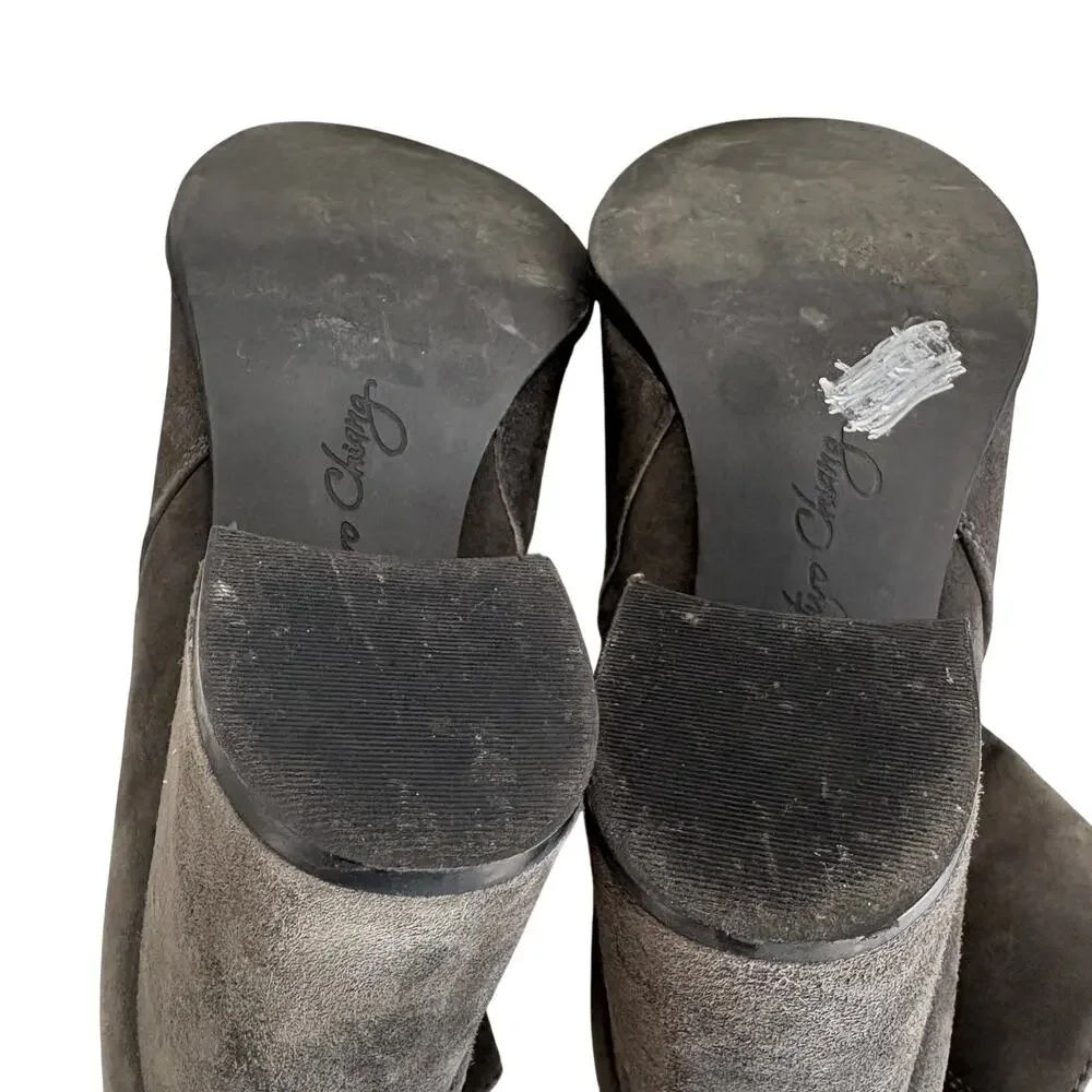 Arturo Chiang Rakel Grey Suede Block Heel Boots w/ Ruffle
